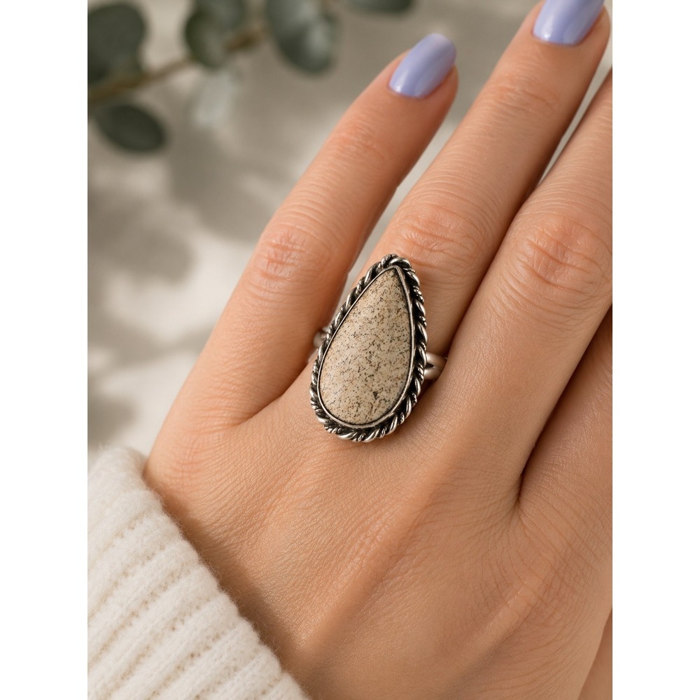 Sterling Silver 925 Jasper Teardrop Statement Ring Size 6.75 Boho Southwestern